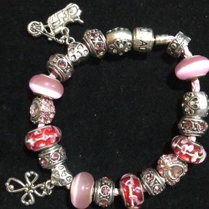 Pink Serjaden Leather Sterling Bracelet With Three 925 Charms